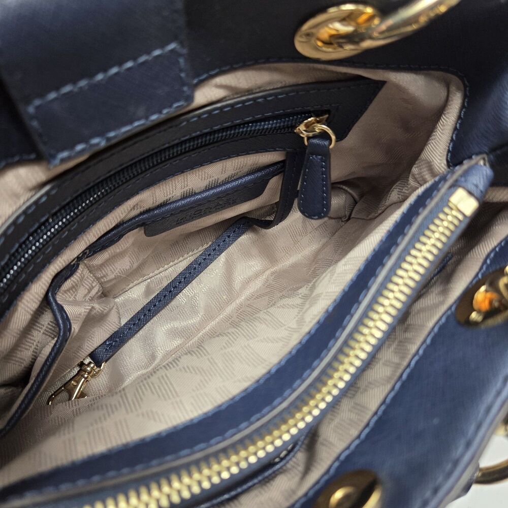 Michael Kors Saffiano Leather Cynthia Convertible Satchel Bag Small Navy Blue - Picture 14 of 16